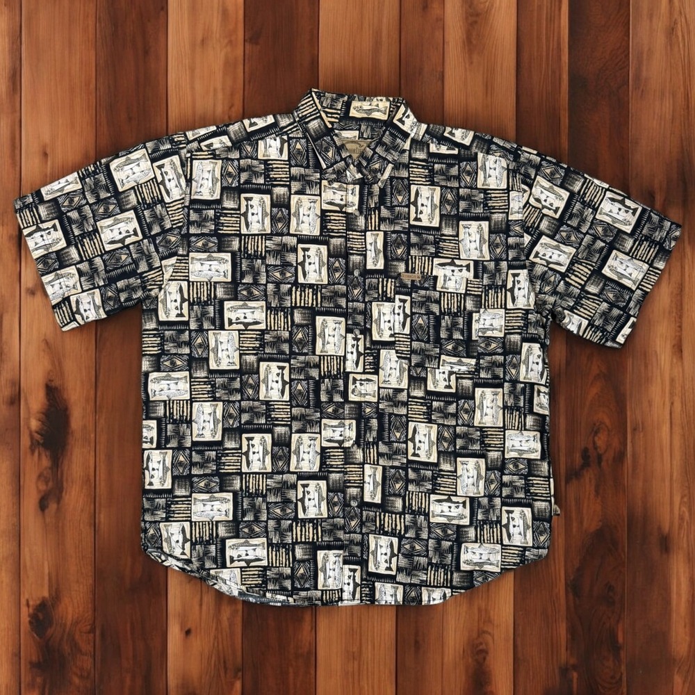 Outdoor Life Button Up Shirt Mens XL Fish All‎ Over Print Cotton Short Sleeve